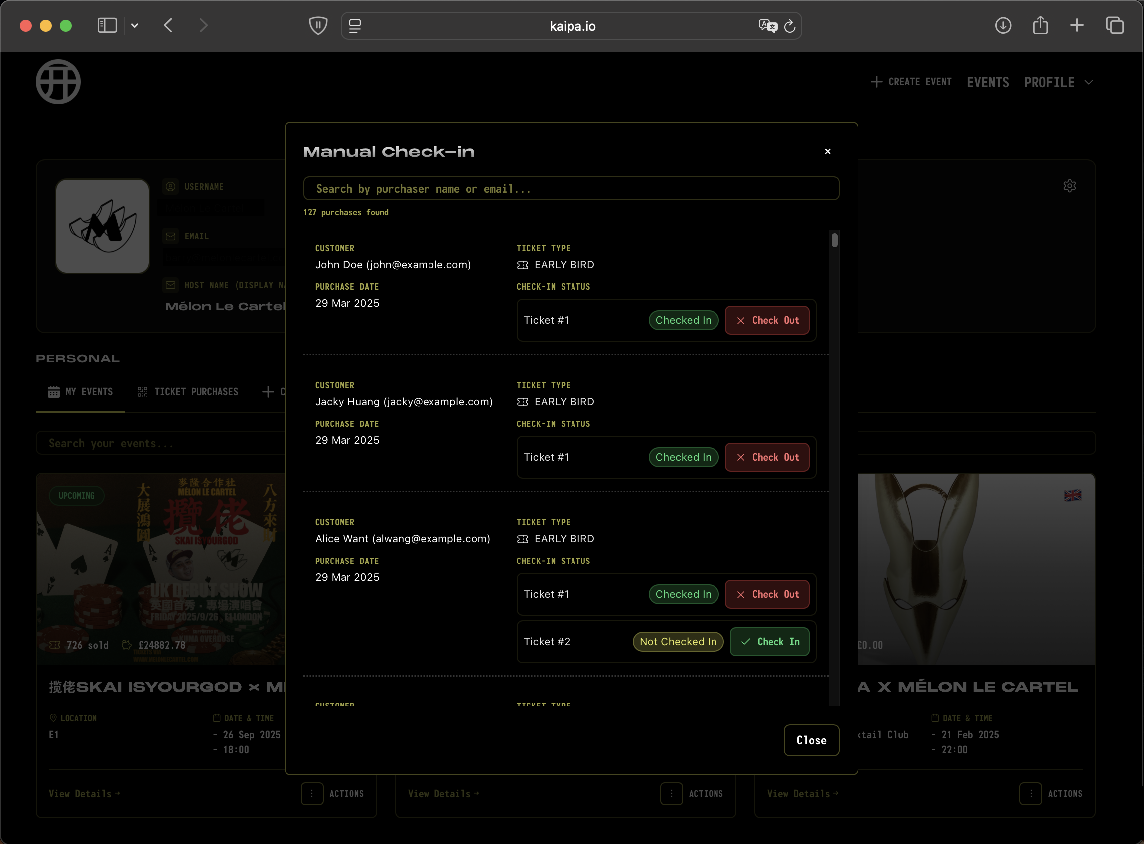 Kaipa check-in feature